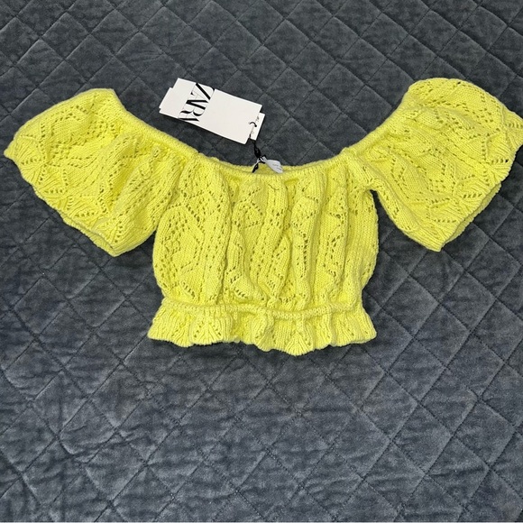 Zara Crop Top Women Small Off The Shoulder Open Knit Yellow Festival Coachella - Picture 2 of 8